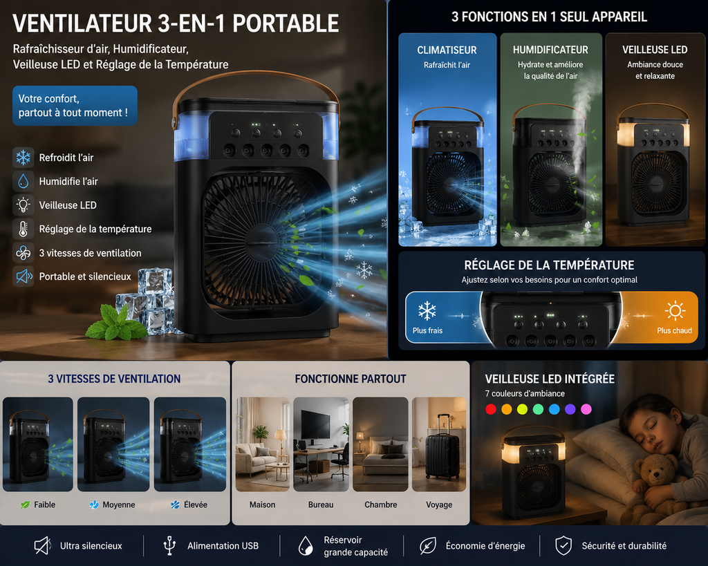 .Profitez d’une Fraîcheur Instantanée avec le Ventilateur 3-en-1 : Rafraîchisseur d’Air, Humidificateur et Veilleuse LED