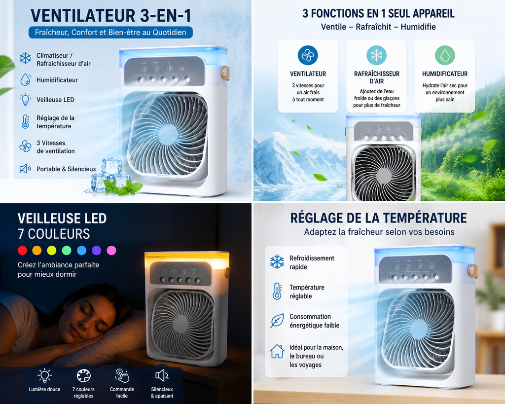 .Profitez d’une Fraîcheur Instantanée avec le Ventilateur 3-en-1 : Rafraîchisseur d’Air, Humidificateur et Veilleuse LED